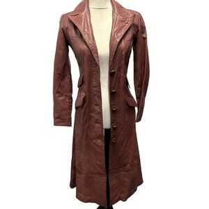Vintage Womens Rust Brown Full-Length Leather Coat W/ Button Closure, Pocket & A